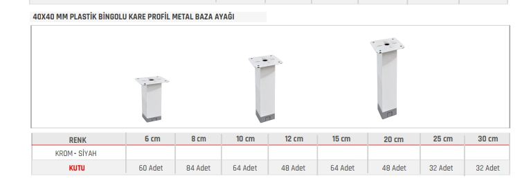 40X40 MM PLATİK BİNGOLU KARE PROFİL METAL BAZA AYAĞI ürün görseli ve tablosu